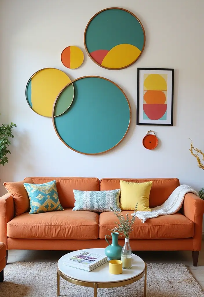 28 Circle Mirrors on Wall Living Room Ideas That Add Depth and Light - 7. Bright and Bold Colors with Painted Circle Mirrors