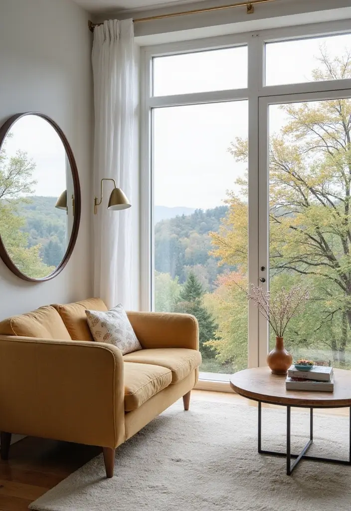 28 Circle Mirrors on Wall Living Room Ideas That Add Depth and Light - 8. Frame a Beautiful View with Circle Mirrors