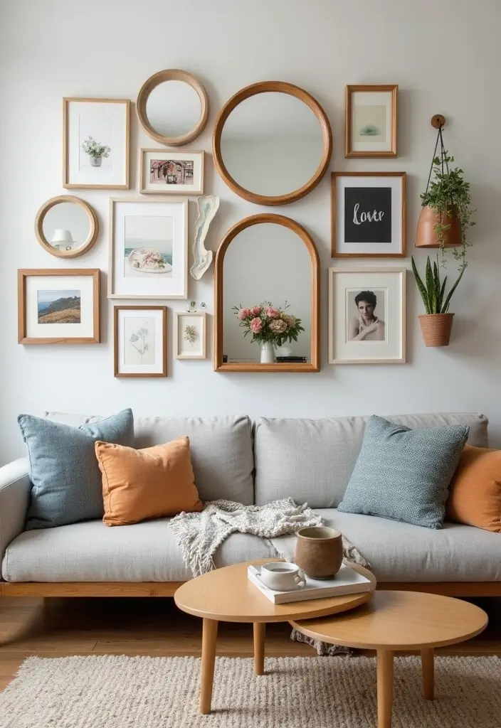 28 Circle Mirrors on Wall Living Room Ideas That Add Depth and Light - 9. Incorporate Circle Mirrors into Gallery Walls