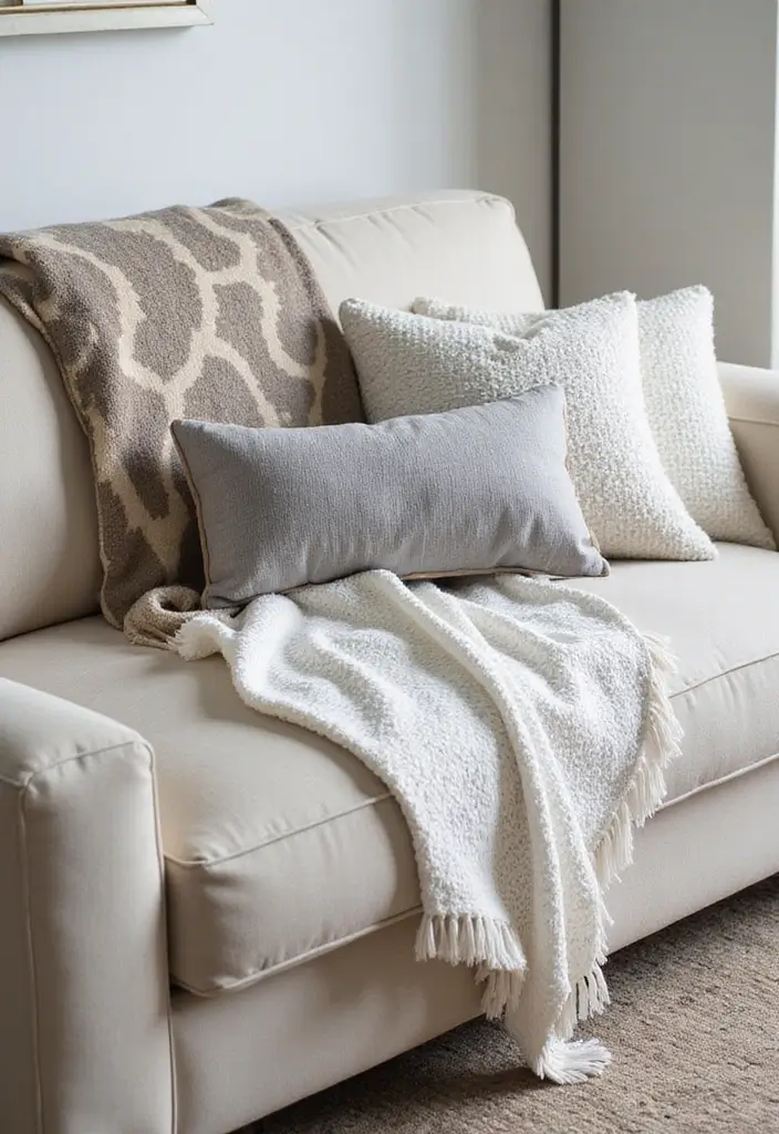 28 Cream and Grey Living Room Ideas That Feel Neutral and Cozy - 12. Accent Pillows and Throws