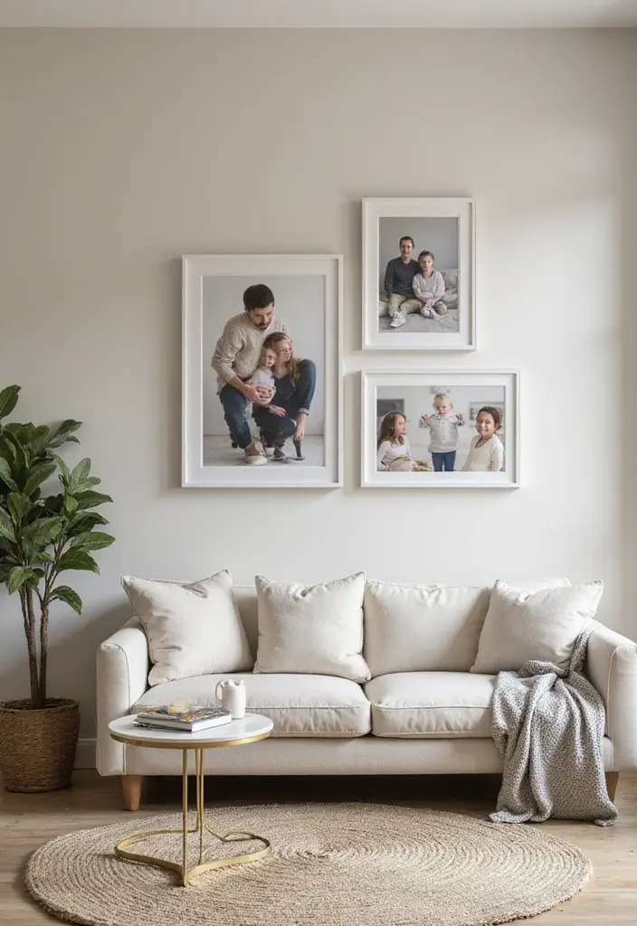 28 Cream and Grey Living Room Ideas That Feel Neutral and Cozy - 16. Personal Touches with Family Photos