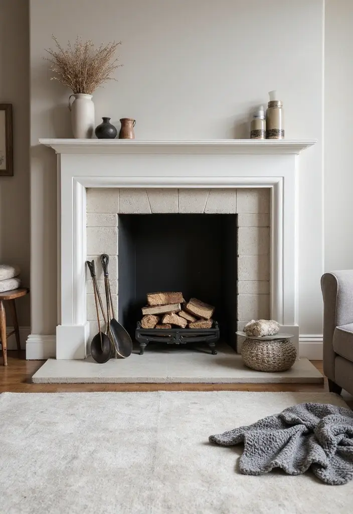 28 Cream and Grey Living Room Ideas That Feel Neutral and Cozy - 18. Cozy Fireplace Accessories
