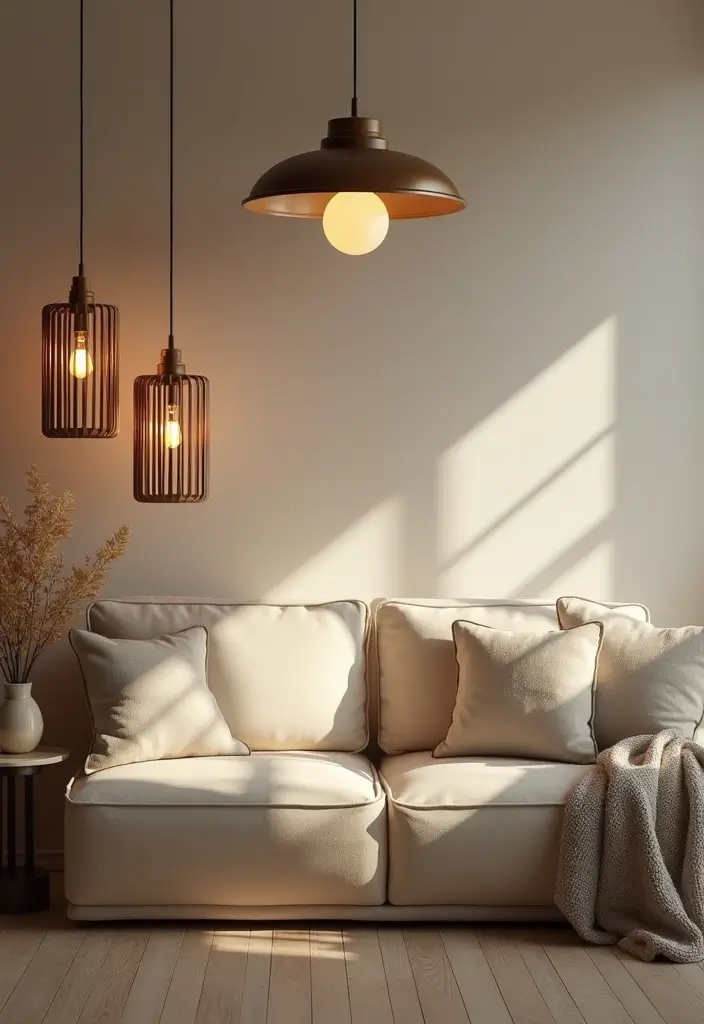 28 Cream and Grey Living Room Ideas That Feel Neutral and Cozy - 2. Warm Lighting