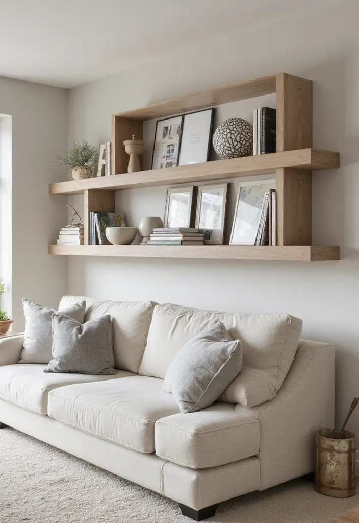 28 Cream and Grey Living Room Ideas That Feel Neutral and Cozy - 22. Transformative Wall Shelves