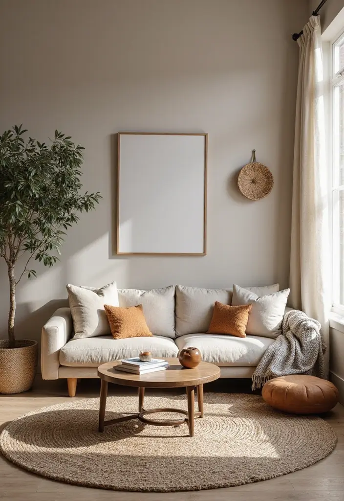 28 Cream and Grey Living Room Ideas That Feel Neutral and Cozy - 25. Infusing Cultural Elements