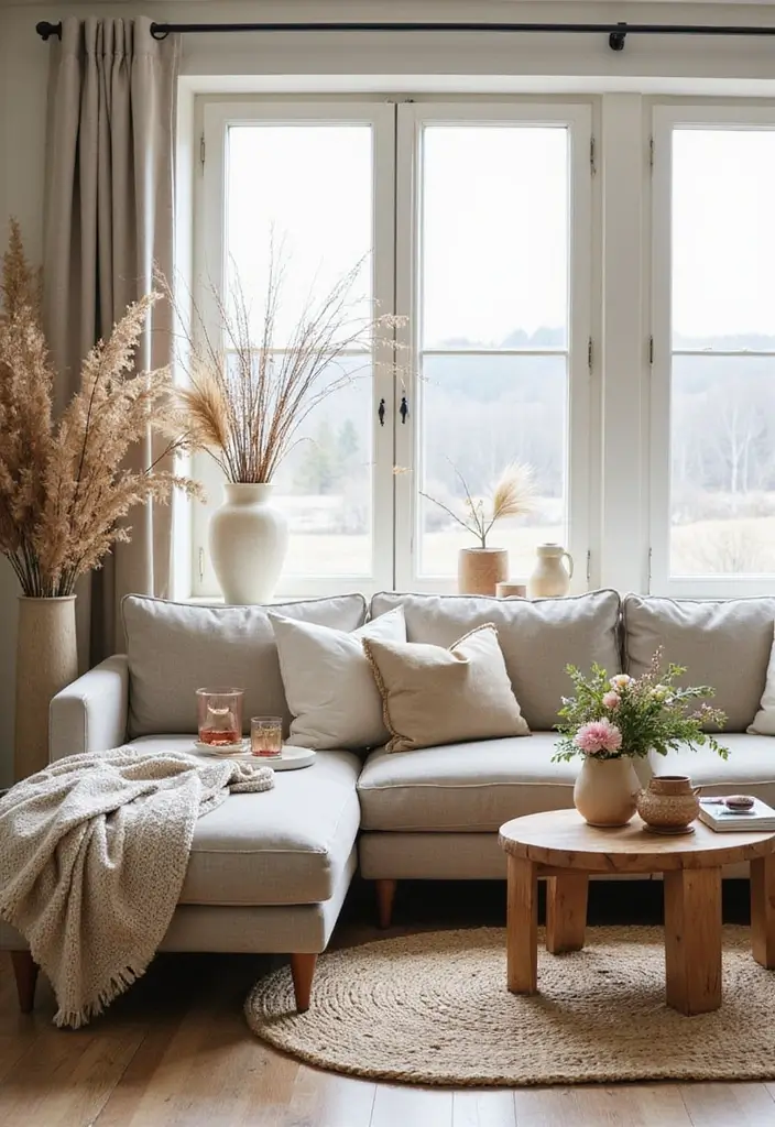 28 Cream and Grey Living Room Ideas That Feel Neutral and Cozy - 26. Evolving Seasonal Decor
