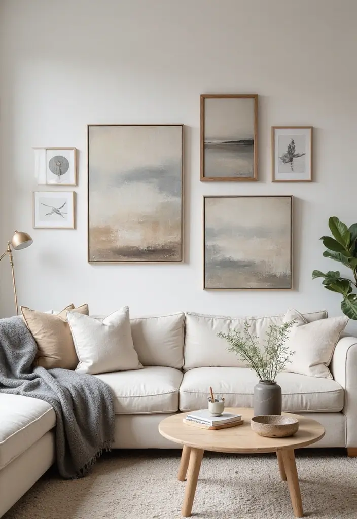 28 Cream and Grey Living Room Ideas That Feel Neutral and Cozy - 5. Artful Wall Decor