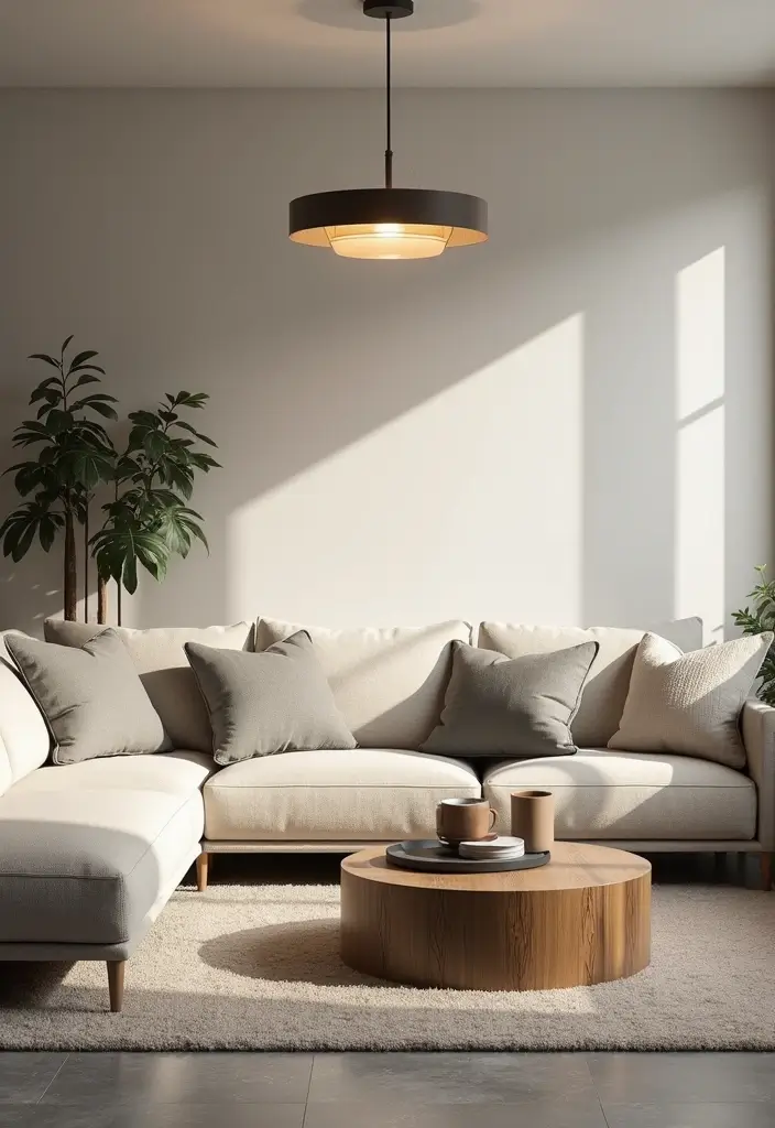 28 Cream and Grey Living Room Ideas That Feel Neutral and Cozy - 9. Statement Lighting Fixtures
