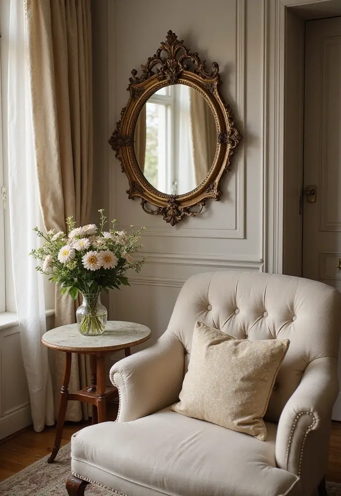 28 Fairycore Living Room Ideas That Feel Dreamy and Whimsical - 15. Vintage Mirrors
