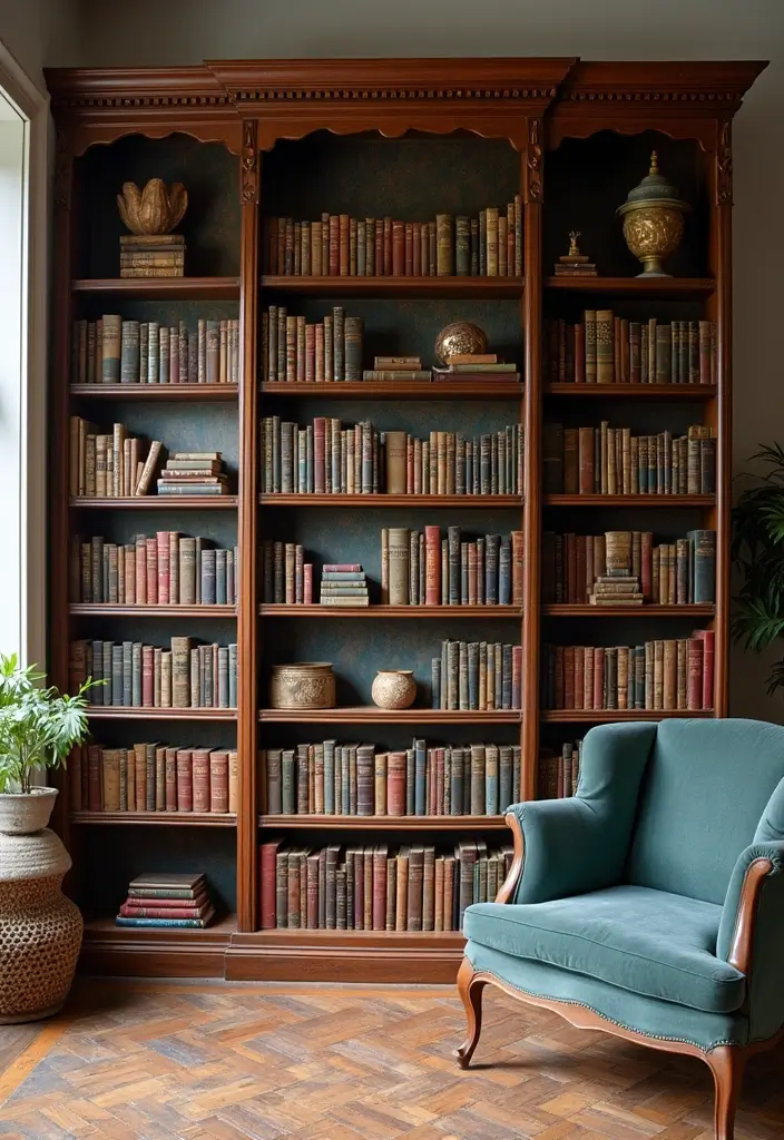 28 Fairycore Living Room Ideas That Feel Dreamy and Whimsical - 22. Vintage Bookshelves