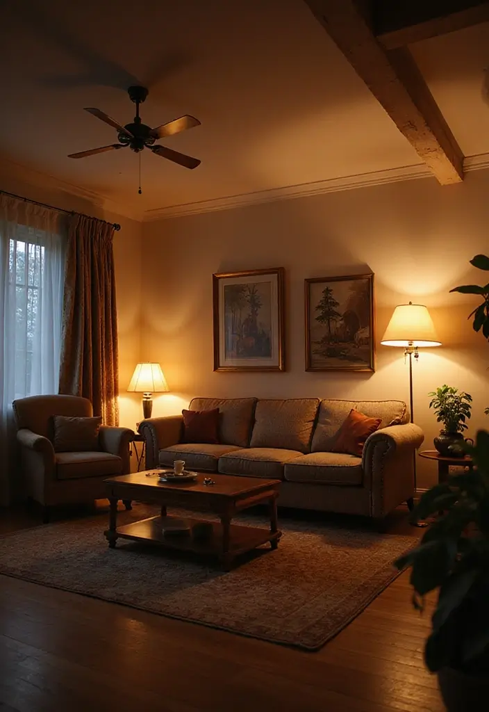 28 Fall Decor for Living Room Ideas That Feel Seasonal and Warm - 14. Layered Lighting