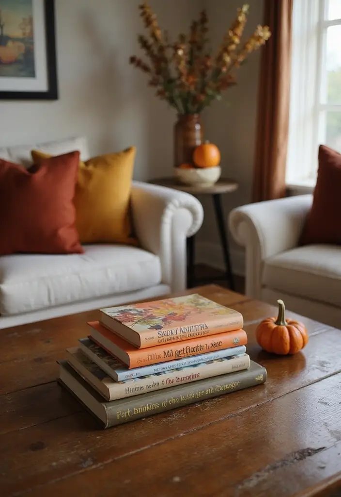 28 Fall Decor for Living Room Ideas That Feel Seasonal and Warm - 25. Seasonal Books Display
