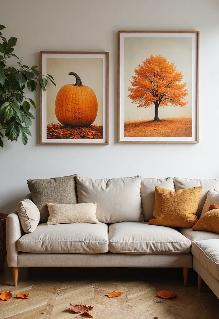 28 Fall Decor for Living Room Ideas That Feel Seasonal and Warm - 26. Autumn-Themed Posters