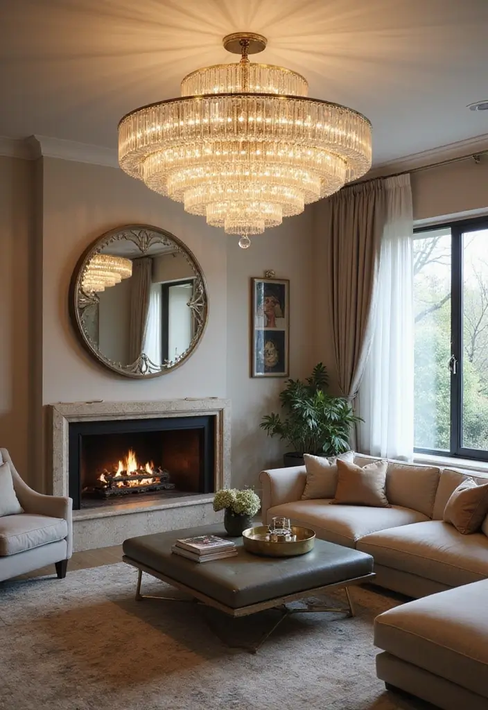 28 Huge Living Room Ideas That Feel Open and Inviting - 17. Feature Statement Lighting