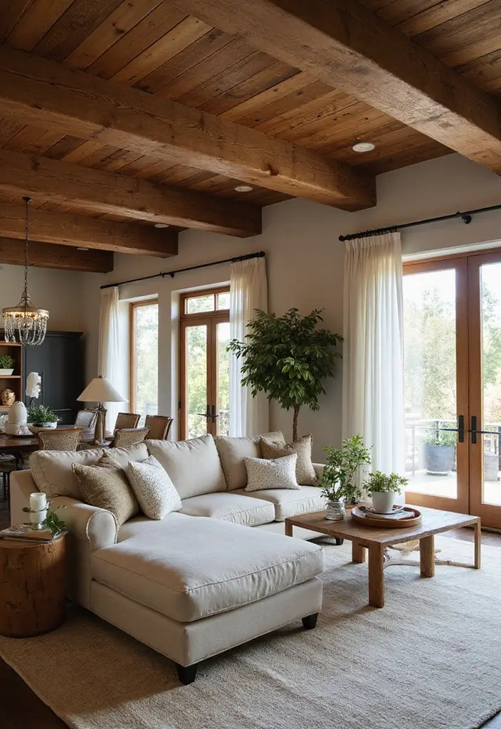 28 Industrial Farmhouse Living Room Ideas That Blend Rustic and Modern - 1. Exposed Beam Ceilings