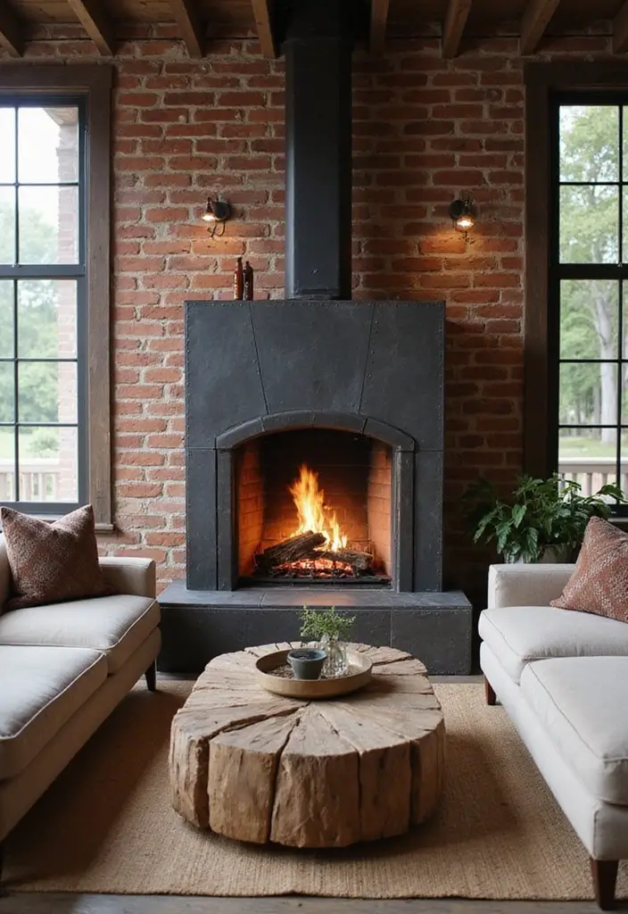 28 Industrial Farmhouse Living Room Ideas That Blend Rustic and Modern - 13. Industrial-Style Fireplaces
