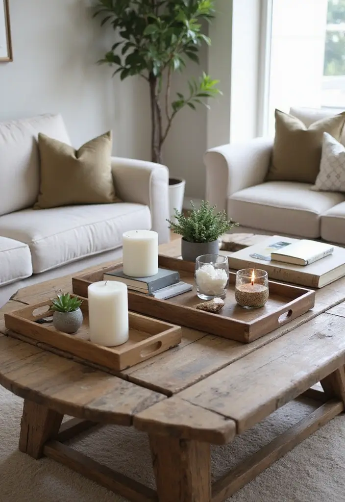 28 Industrial Farmhouse Living Room Ideas That Blend Rustic and Modern - 17. Decorative Trays