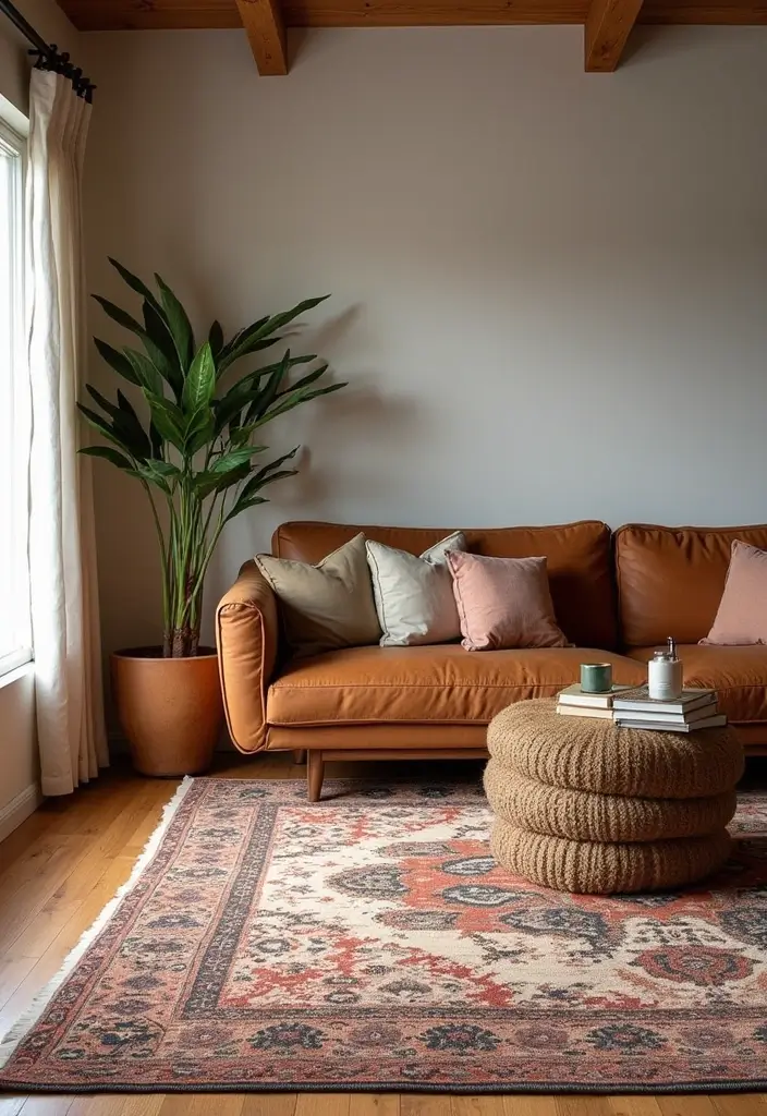 28 Industrial Farmhouse Living Room Ideas That Blend Rustic and Modern - 18. Statement Rugs