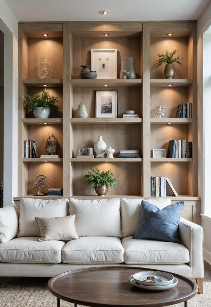 28 Industrial Farmhouse Living Room Ideas That Blend Rustic and Modern - 19. Custom Shelving