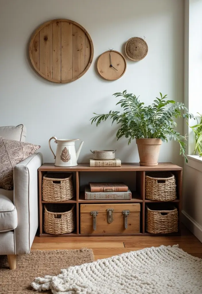 28 Industrial Farmhouse Living Room Ideas That Blend Rustic and Modern - 20. Stylish Storage Solutions