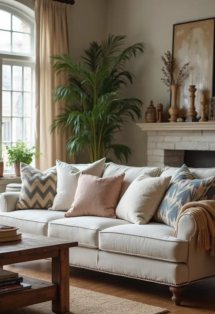 28 Industrial Farmhouse Living Room Ideas That Blend Rustic and Modern - 21. Accent Pillows