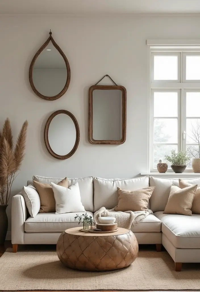 28 Industrial Farmhouse Living Room Ideas That Blend Rustic and Modern - 22. Decorative Mirrors