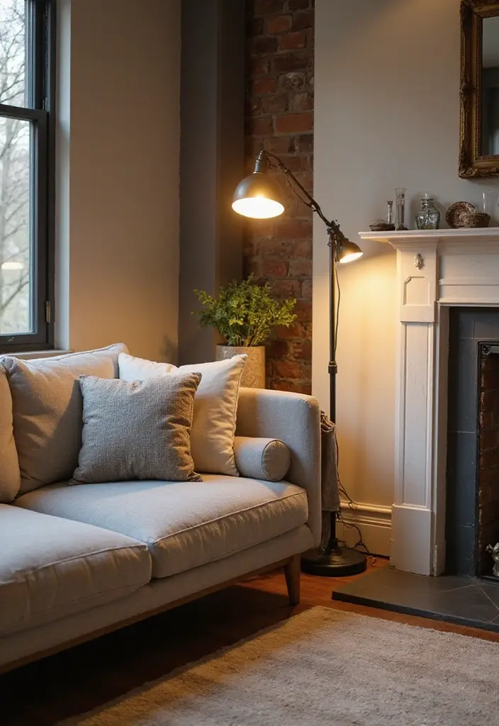 28 Industrial Farmhouse Living Room Ideas That Blend Rustic and Modern - 24. Industrial Floor Lamps