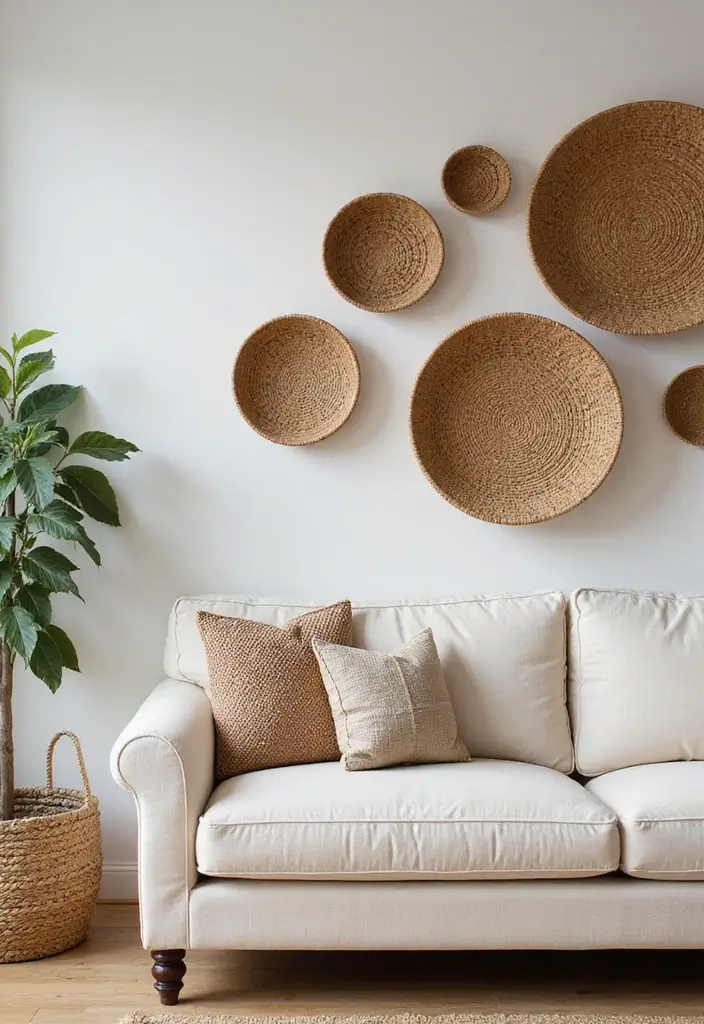 28 Industrial Farmhouse Living Room Ideas That Blend Rustic and Modern - 25. Woven Wall Baskets