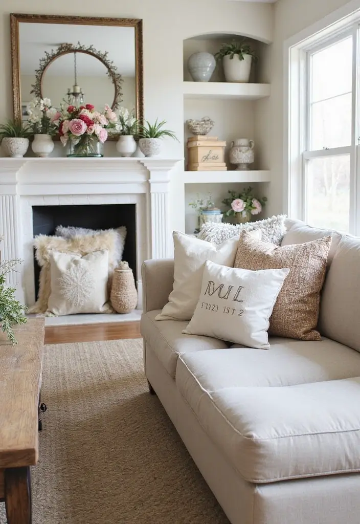 28 Industrial Farmhouse Living Room Ideas That Blend Rustic and Modern - 28. Seasonal Decor Changes