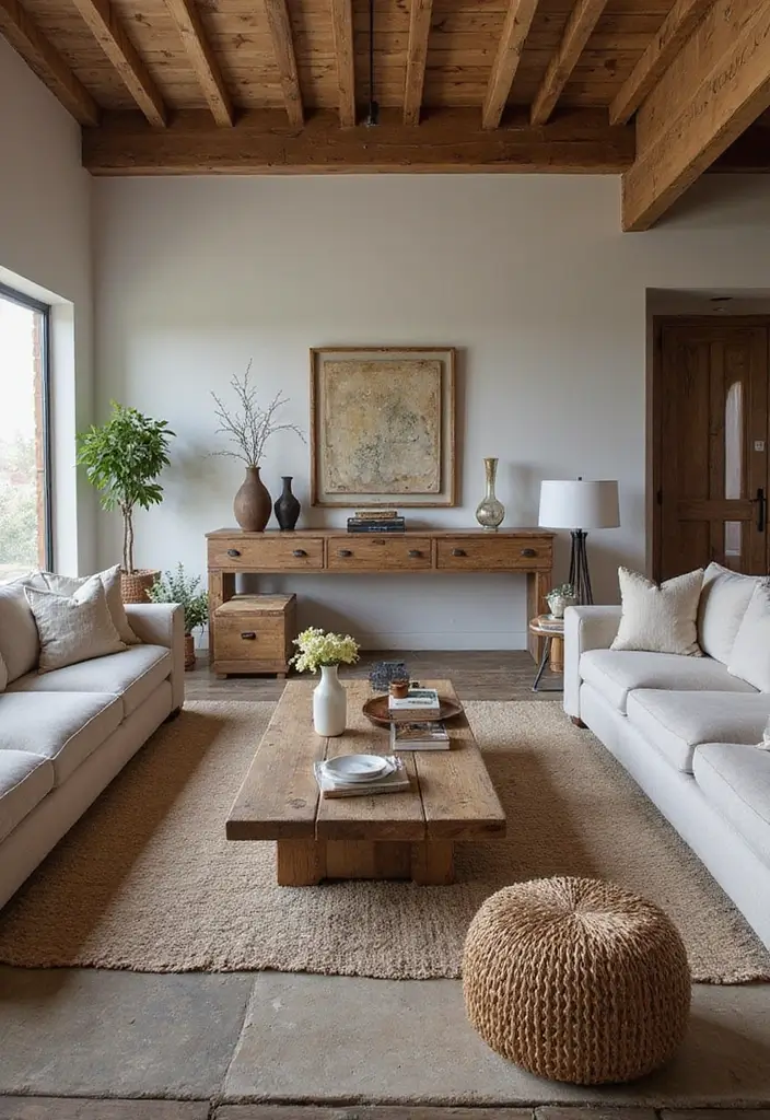 28 Industrial Farmhouse Living Room Ideas That Blend Rustic and Modern - 3. Rustic Furniture with Modern Lines