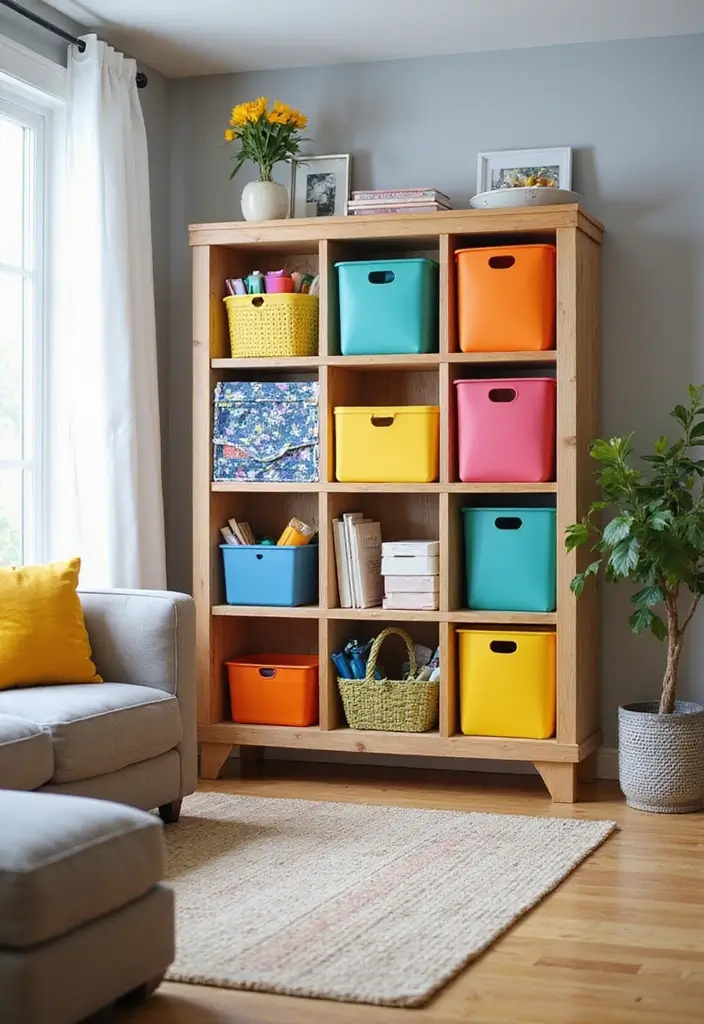 28 Kid Friendly Living Room Ideas That Are Durable and Stylish - 10. Colorful Storage Solutions