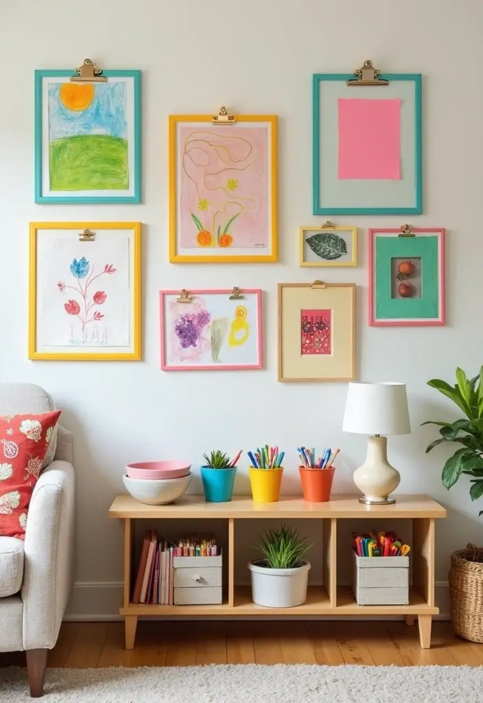 28 Kid Friendly Living Room Ideas That Are Durable and Stylish - 13. Art Display Wall