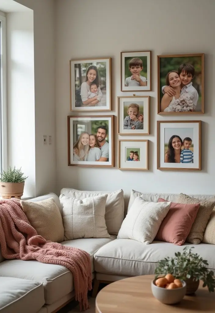28 Kid Friendly Living Room Ideas That Are Durable and Stylish - 19. Family Photo Display