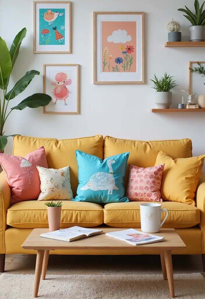 28 Kid Friendly Living Room Ideas That Are Durable and Stylish - 8. Fun Throw Pillows