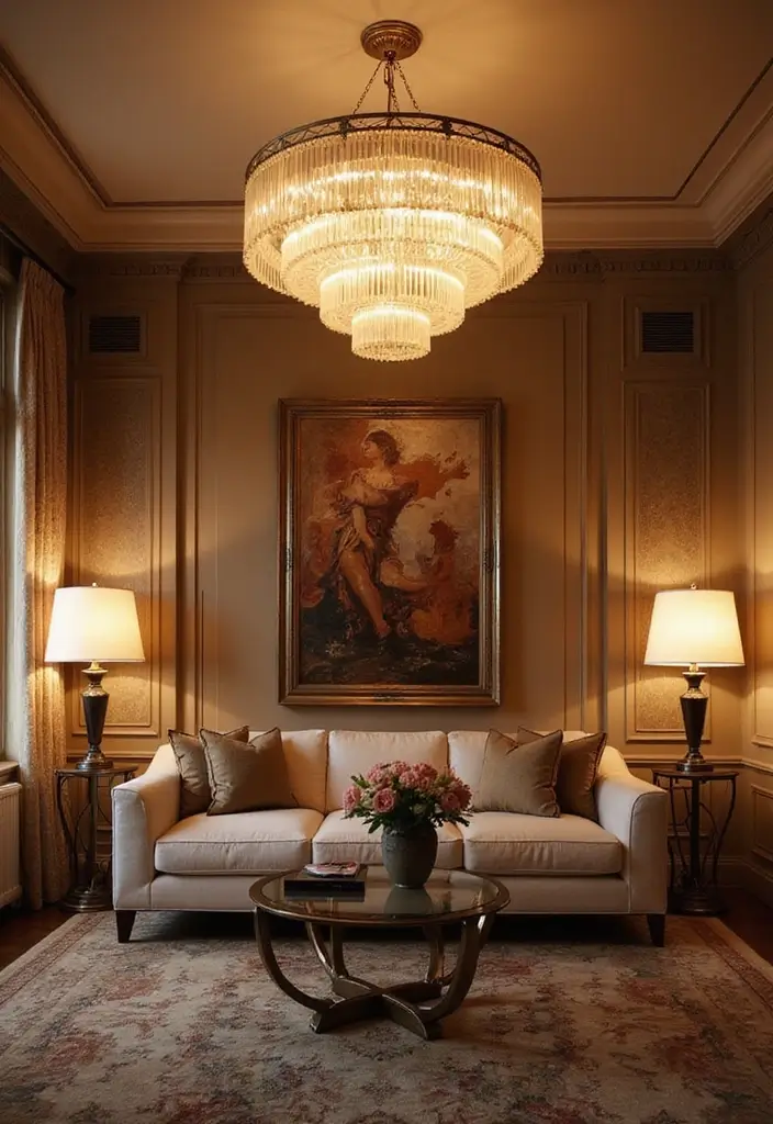 28 Living Room Art Deco Ideas That Feel Glamorous and Vintage - 1. Statement Lighting Fixtures