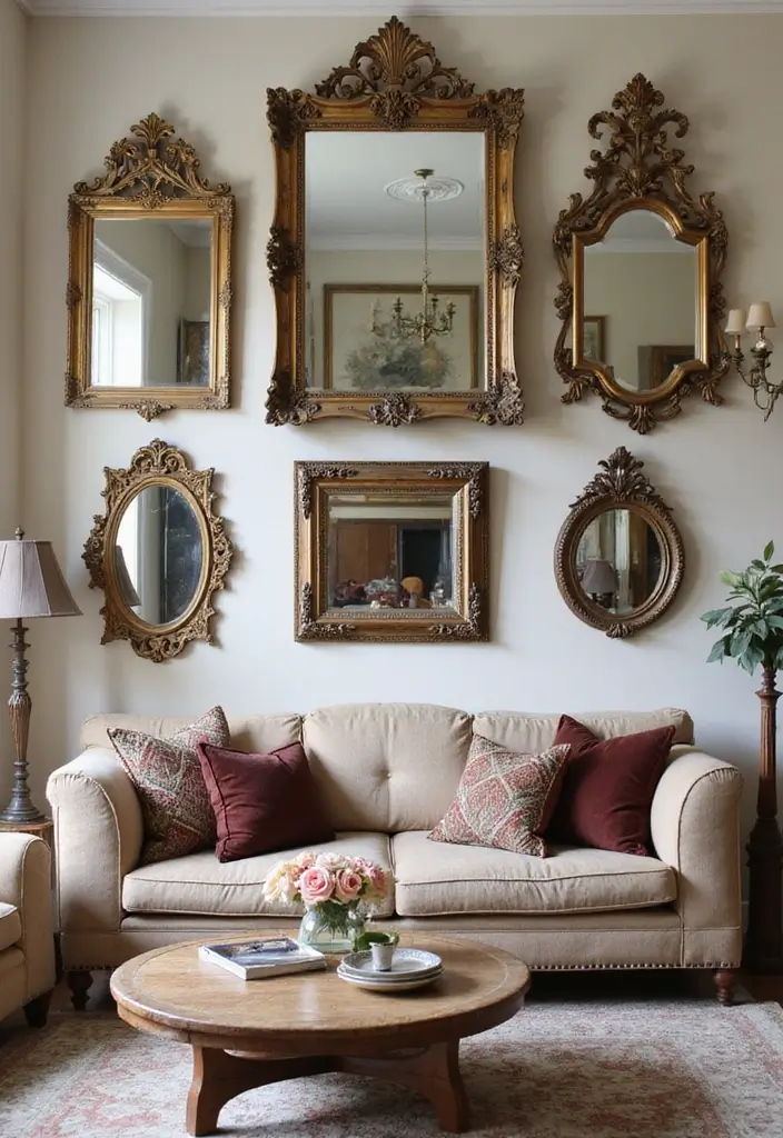 28 Living Room Art Deco Ideas That Feel Glamorous and Vintage - 12. Vintage Mirrors