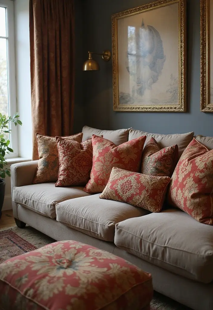 28 Living Room Art Deco Ideas That Feel Glamorous and Vintage - 13. Luxurious Throw Pillows