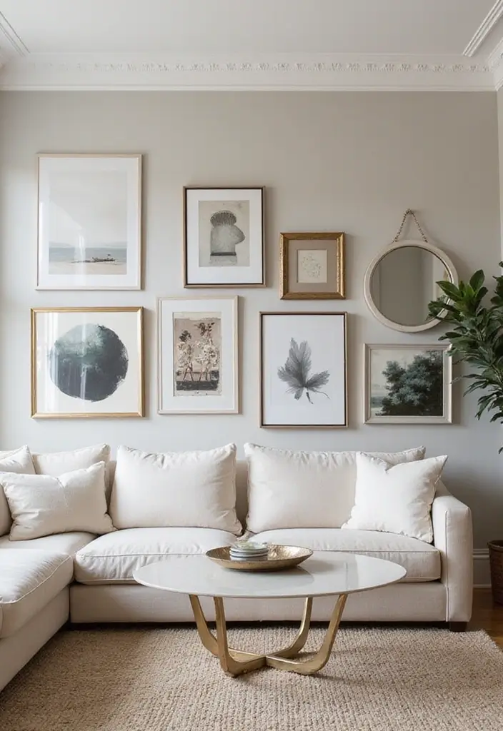 28 Living Room Art Deco Ideas That Feel Glamorous and Vintage - 16. Curated Gallery Walls