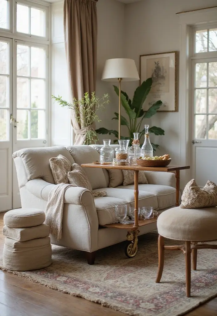 28 Living Room Art Deco Ideas That Feel Glamorous and Vintage - 26. Vintage Bar Carts