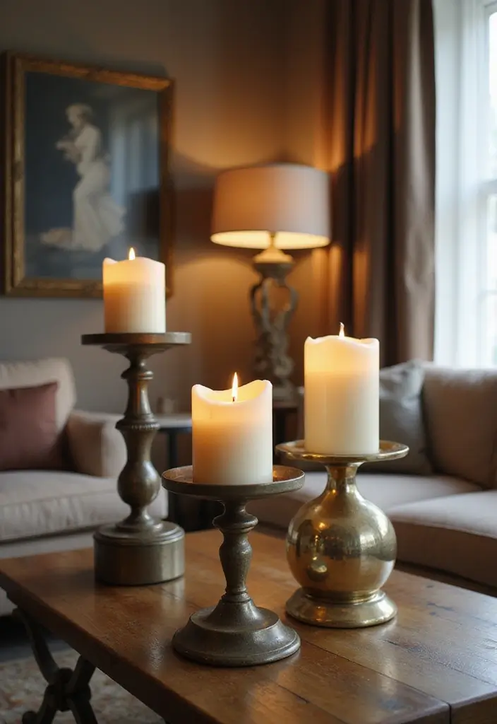 28 Living Room Art Deco Ideas That Feel Glamorous and Vintage - 27. Decorative Pillar Candles