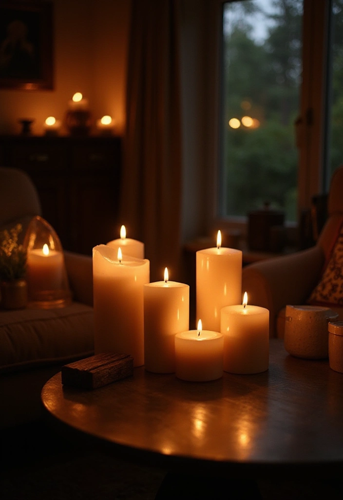 28 Living Room Night Aesthetic Ideas That Feel Cozy and Intimate - 3. Candles for Soft Glow