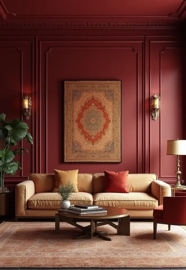 28 Living Room Wall Color Ideas Indian Style That Add Warmth and Depth - 1. Majestic Maroon