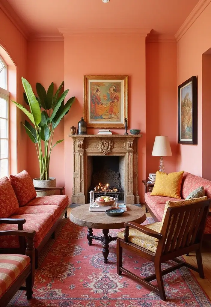 28 Living Room Wall Color Ideas Indian Style That Add Warmth and Depth - 10. Bright Peach