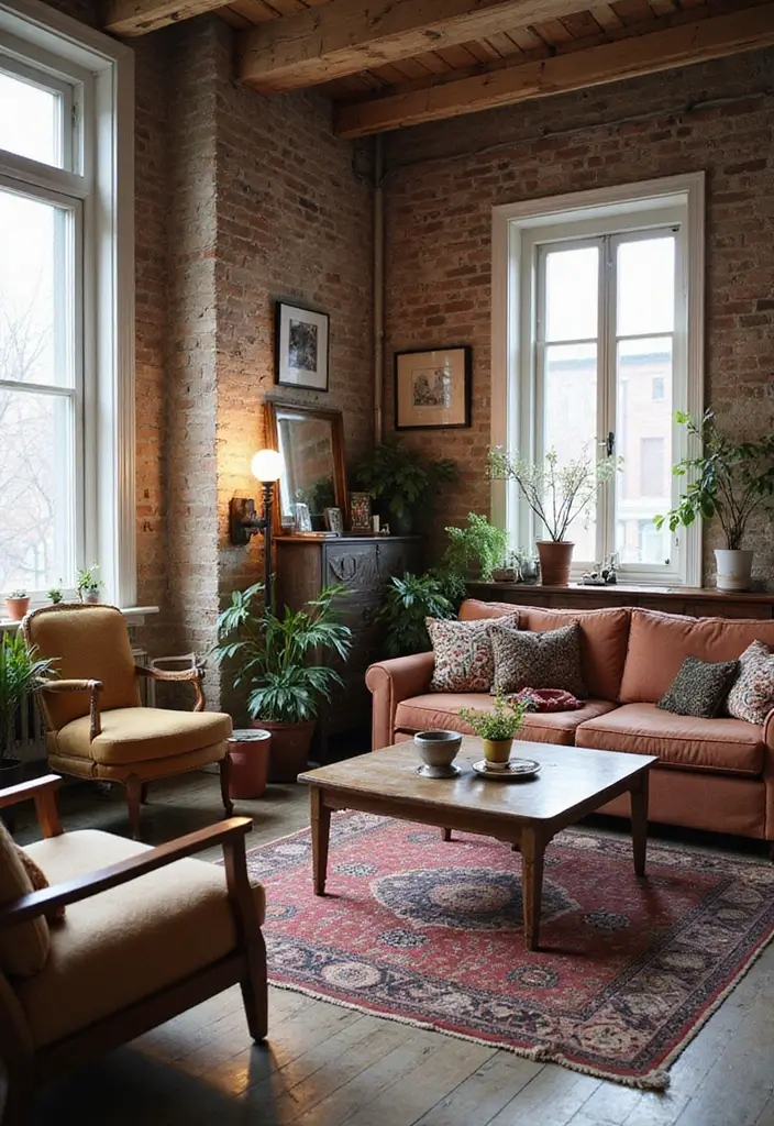28 Loft Living Room Ideas That Feel Open and Urban - 14. Vintage Finds and Thrifted Treasures