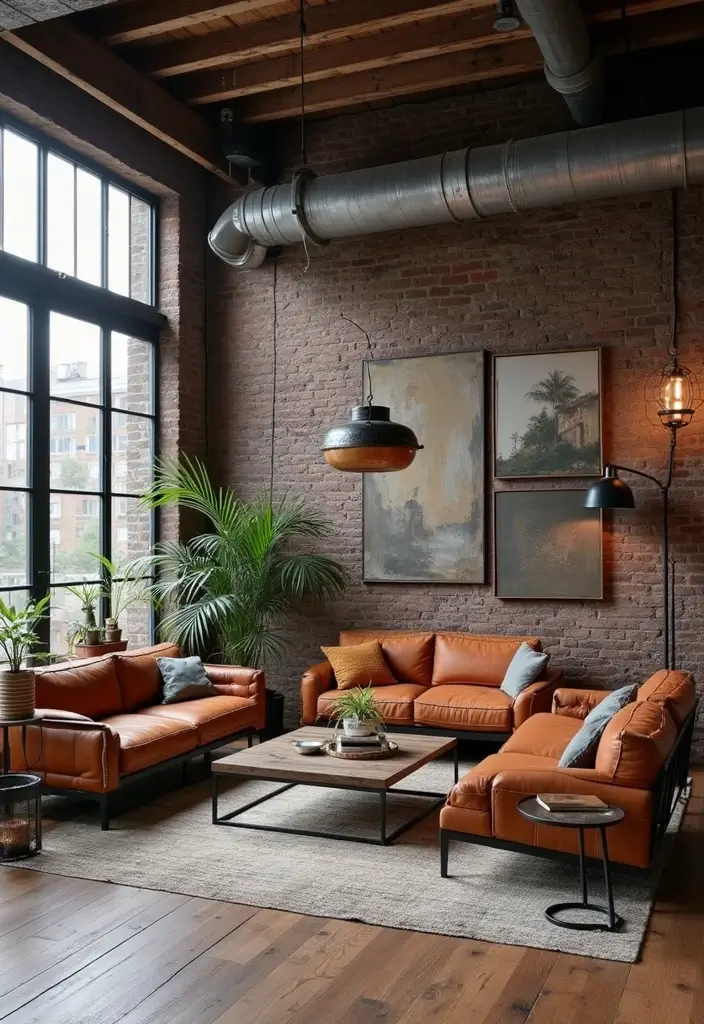28 Loft Living Room Ideas That Feel Open and Urban - 2. Industrial Vibes with Raw Materials