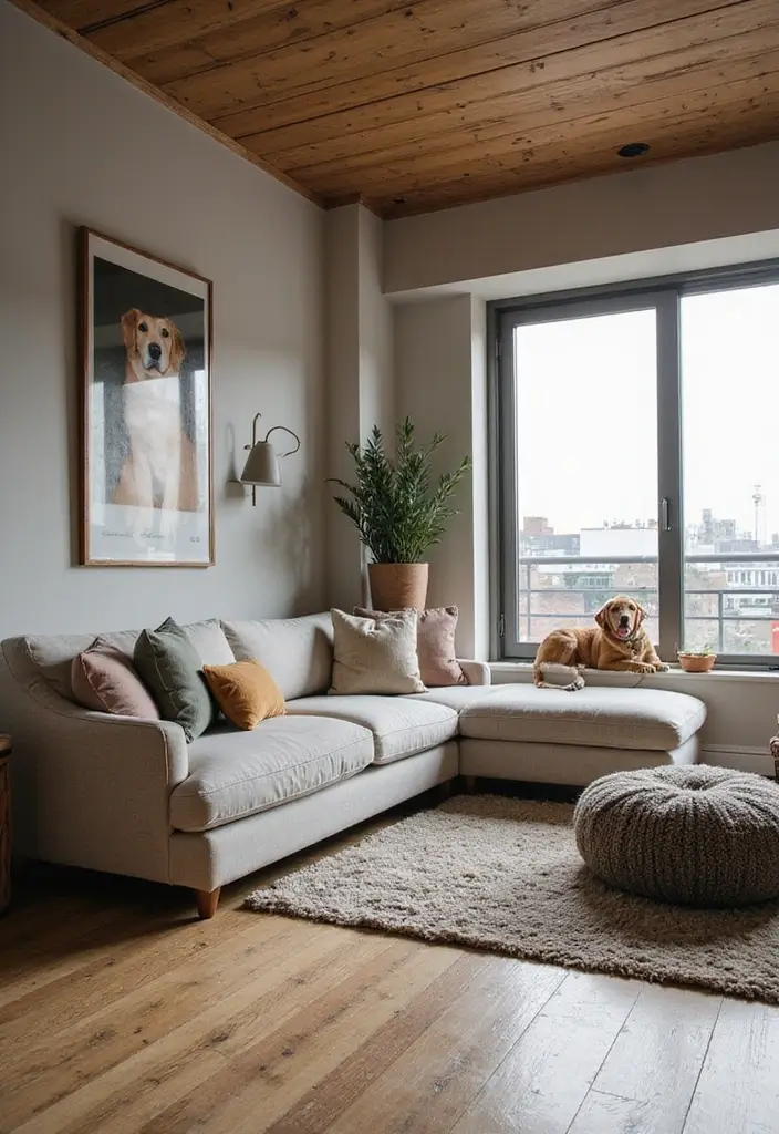 28 Loft Living Room Ideas That Feel Open and Urban - 21. Pet-Friendly Decor