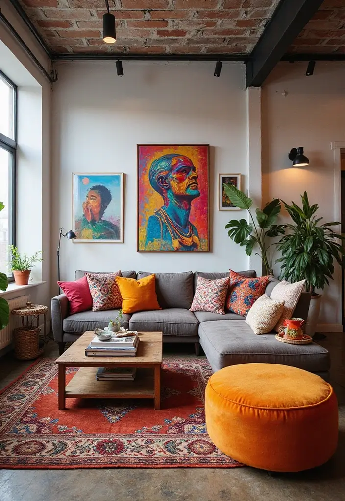 28 Loft Living Room Ideas That Feel Open and Urban - 6. Bright Colors and Bold Patterns