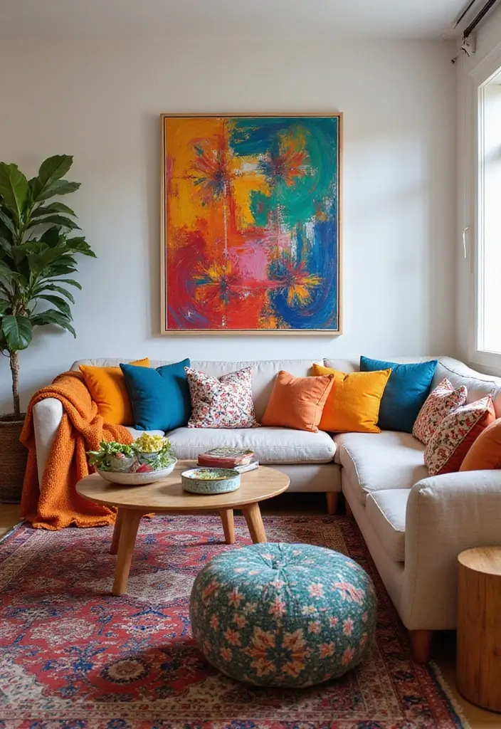 28 Modern Cozy Living Room Ideas That Feel Warm and Inviting - 20. Add Colorful Accessories