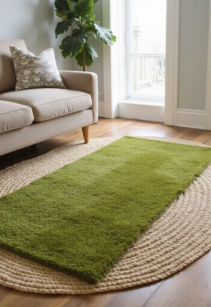 28 Moss Green Living Room Ideas That Feel Earthy and Elegant - 12. Layered Rugs for Warmth