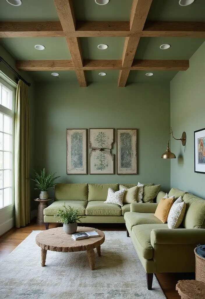 28 Moss Green Living Room Ideas That Feel Earthy and Elegant - 15. Unique Ceiling Treatments